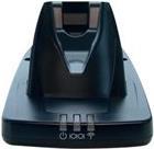 Black charging and communication cradle with a sleek design, featuring a slot for a device and three indicator lights on the front.