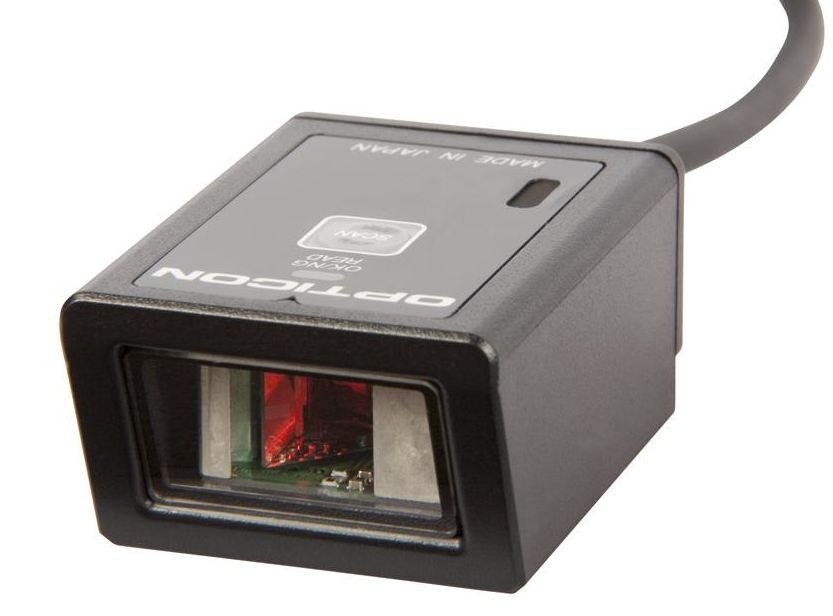 Compact black barcode scanner with a rectangular design, featuring a clear scanning window and a USB connection, capable of 100 scans per second.