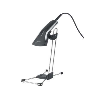 Black and grey Opticon OPR2001 handheld barcode reader with a sleek design, featuring a curved top, a sturdy stand, and a coiled cable for connectivity.