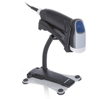 Black handheld barcode reader with a sleek design, featuring a blue LED display, flexible neck, and a sturdy gray base for stable positioning.