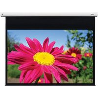 Optoma DE-1123EGA projection screen, 3.12m, 16:10, white casing, displaying vibrant pink flower image.