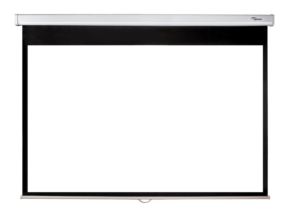 120-inch diagonal pull-down projector screen with a 16:9 aspect ratio, featuring a sleek white screen bordered by a black frame and a silver top casing for easy installation.