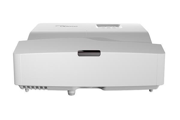 White Optoma EH340UST ultra short throw data projector with a sleek design, featuring a front lens, ventilation grilles, and a control panel on top.