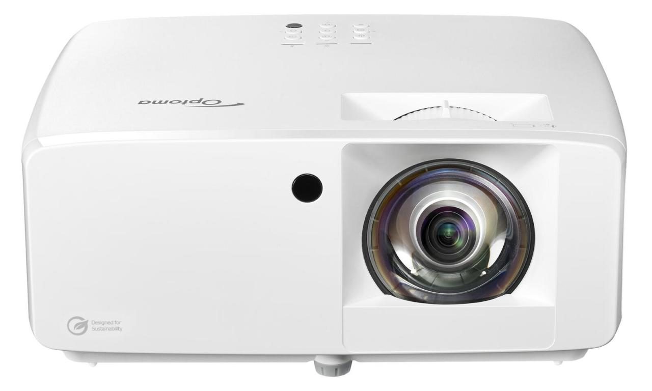 Compact white laser projector with a large lens, control buttons on top, and a sleek design, ideal for Full HD short throw projection.