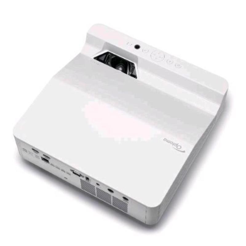 White Optoma GT3500HDR ultra short throw projector with a sleek design, featuring a lens on the front, control buttons on top, and multiple connectivity ports on the back.