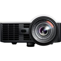 Black and white Optoma ML1050STi short throw projector with large lens and vented side panel.