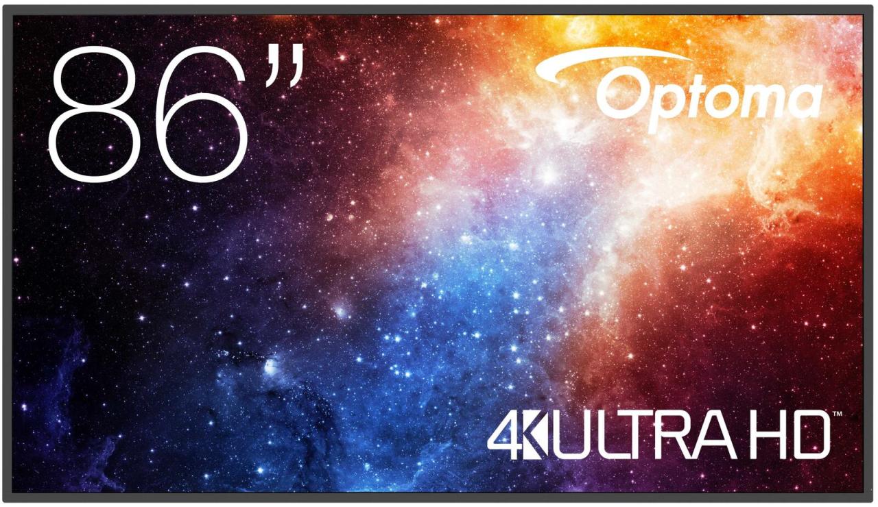 An 86-inch Optoma N3861K digital signage flat panel features a vibrant cosmic background, showcasing 4K Ultra HD resolution with a sleek black frame.