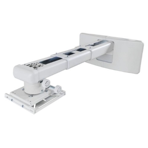 White dual stud wall mount for short throw projectors, featuring a telescoping arm and adjustable brackets for secure installation.
