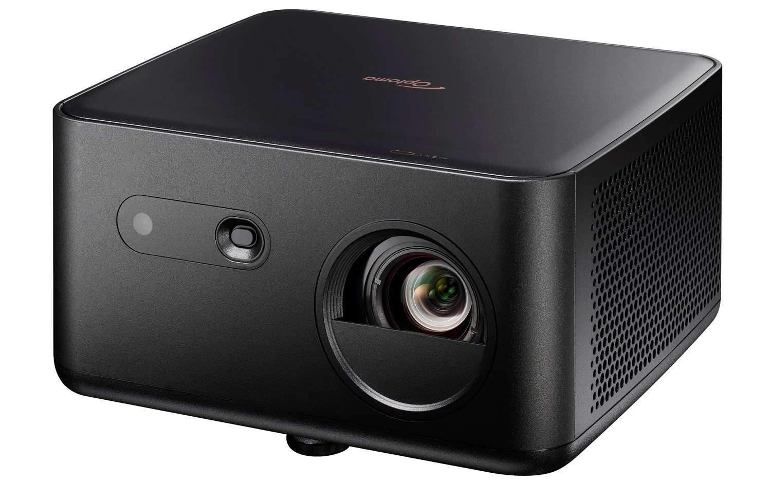 Black DLP projector with a sleek design, featuring a lens on the front, a small control button, and a textured side for ventilation, offering 1100 ANSI lumens and UHD 4K resolution.