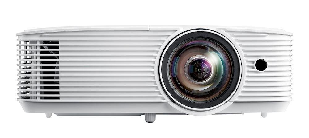 White short throw projector with a prominent lens, horizontal ventilation grilles, and a sleek design, featuring 3800 ANSI lumens and WXGA resolution.