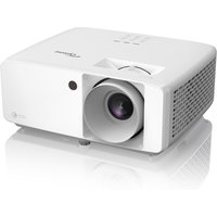 White Optoma ZH420 projector with lens on left, vented sides, and control buttons on top.