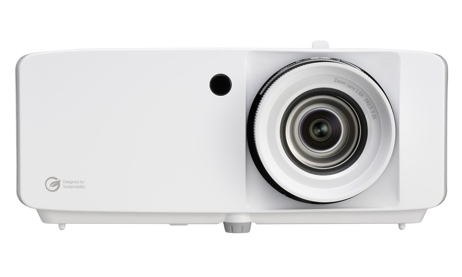 White DLP projector with a large lens, featuring a sleek design, a zoom control knob, and a small circular vent, labeled with "Designed for Sustainability."