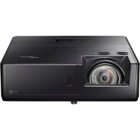 Black Optoma ZK608TST short throw projector with lens on right, sleek design, and 6000 ANSI lumens brightness.