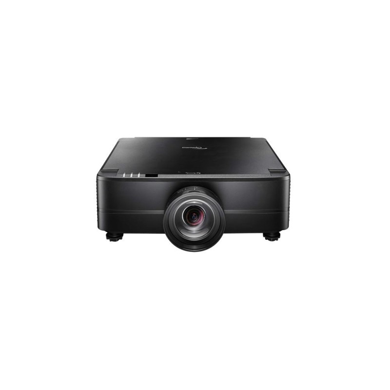 Black Optoma ZU920TST short throw data projector with a prominent lens at the front, featuring a sleek design and multiple ventilation grilles for cooling.