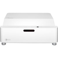 White Optoma ultra short throw projector with sleek design, front lens, and control buttons on top.