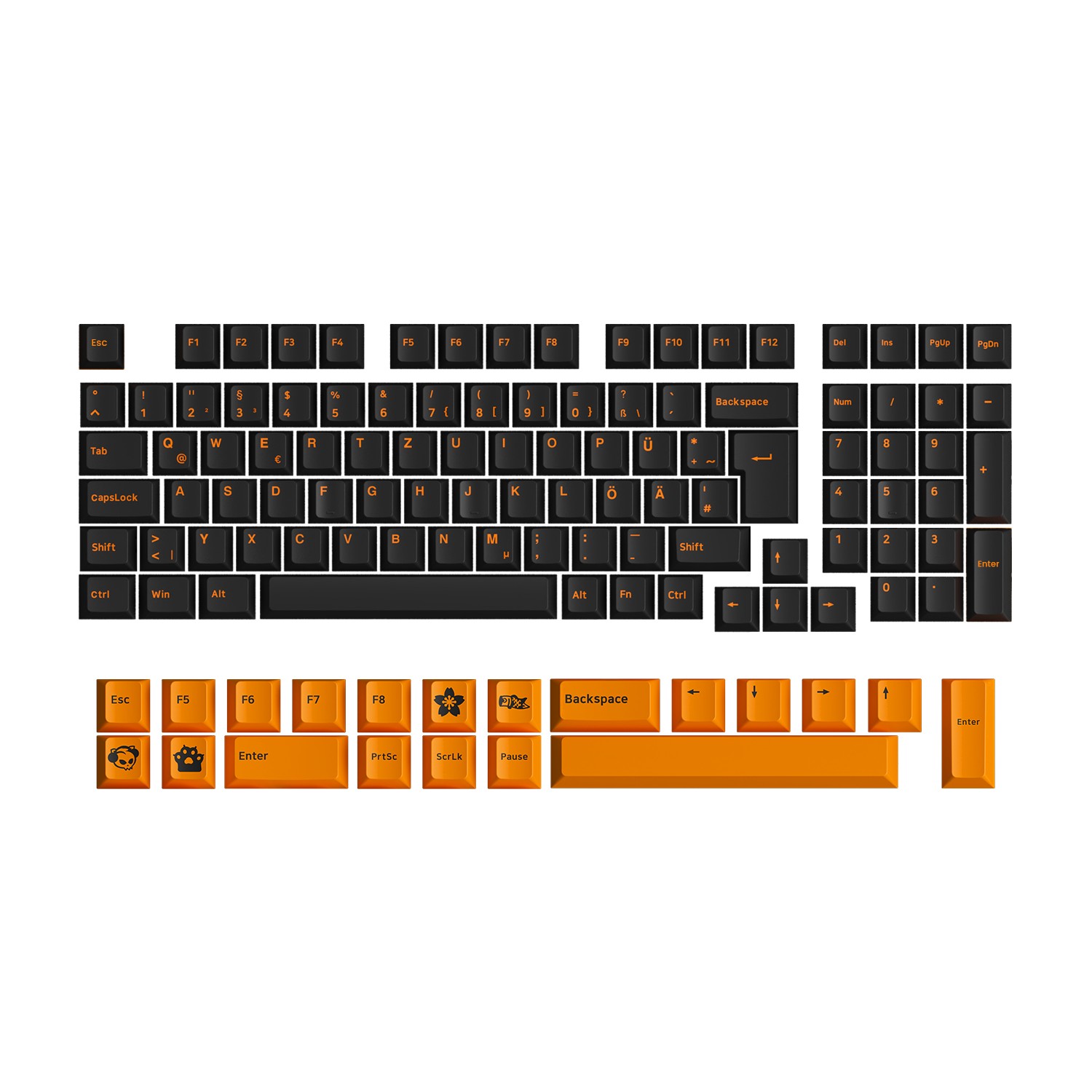 Orange and black ISO DE keycap set featuring 119 keys, with bold orange lettering on a matte black background, designed for a sleek and modern keyboard aesthetic.
