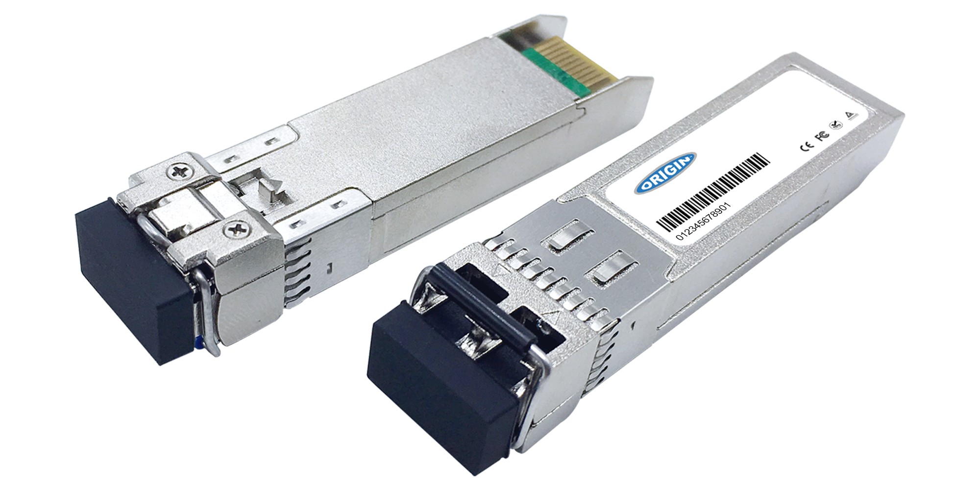 Silver metal transceiver with a black plastic connector end, labeled "ORIGIN," designed for Huawei compatibility, featuring a compact SFP+ 10GBase-SR design.