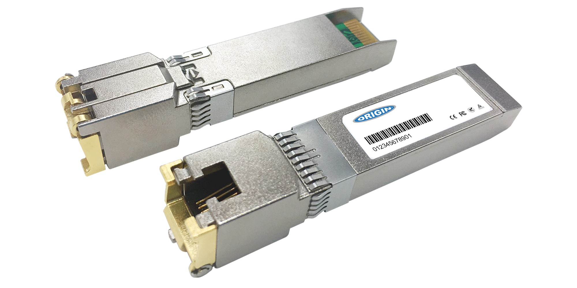 Silver metal transceiver with dual connectors, featuring a label on one side and a gold-plated interface, designed for Enterasys compatibility.