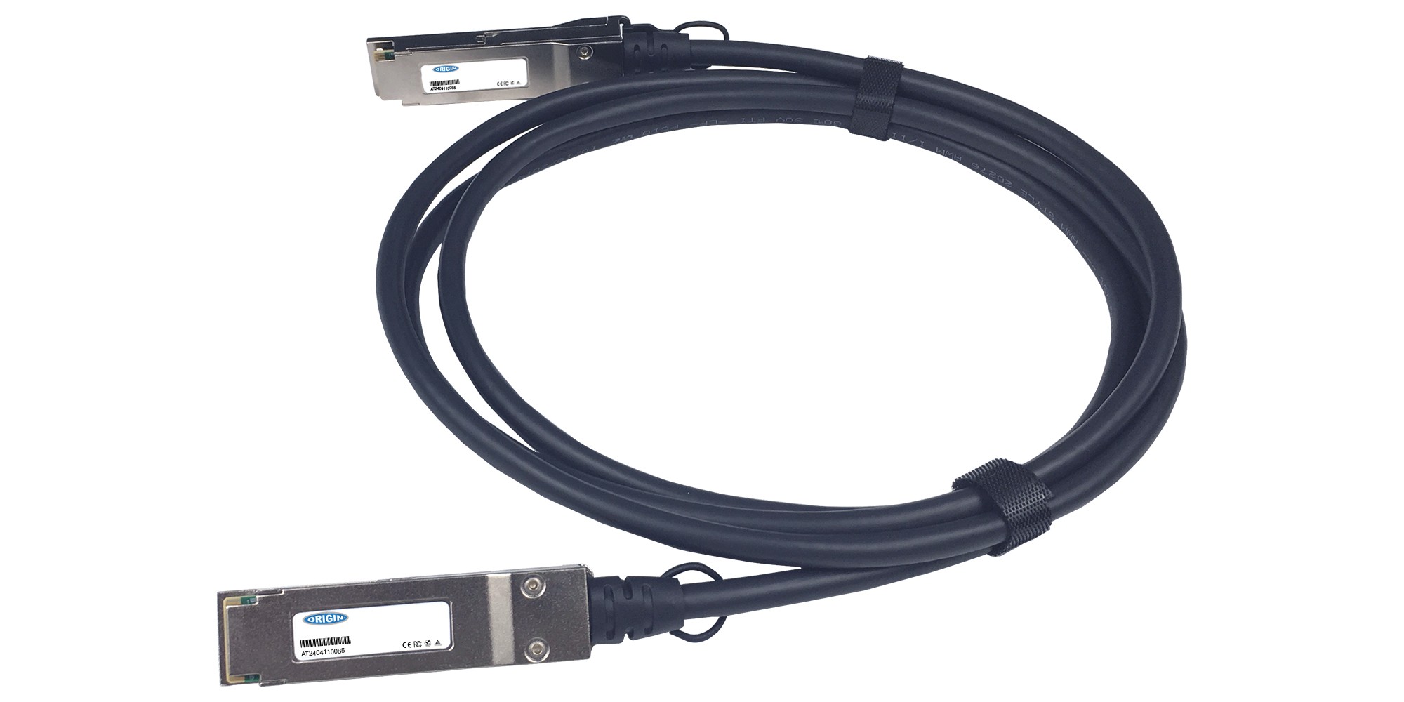 Black cable with two metal connectors at each end, labeled with "Origin Storage" and "Extreme Enterasys Compatible," designed for high-speed data transmission.