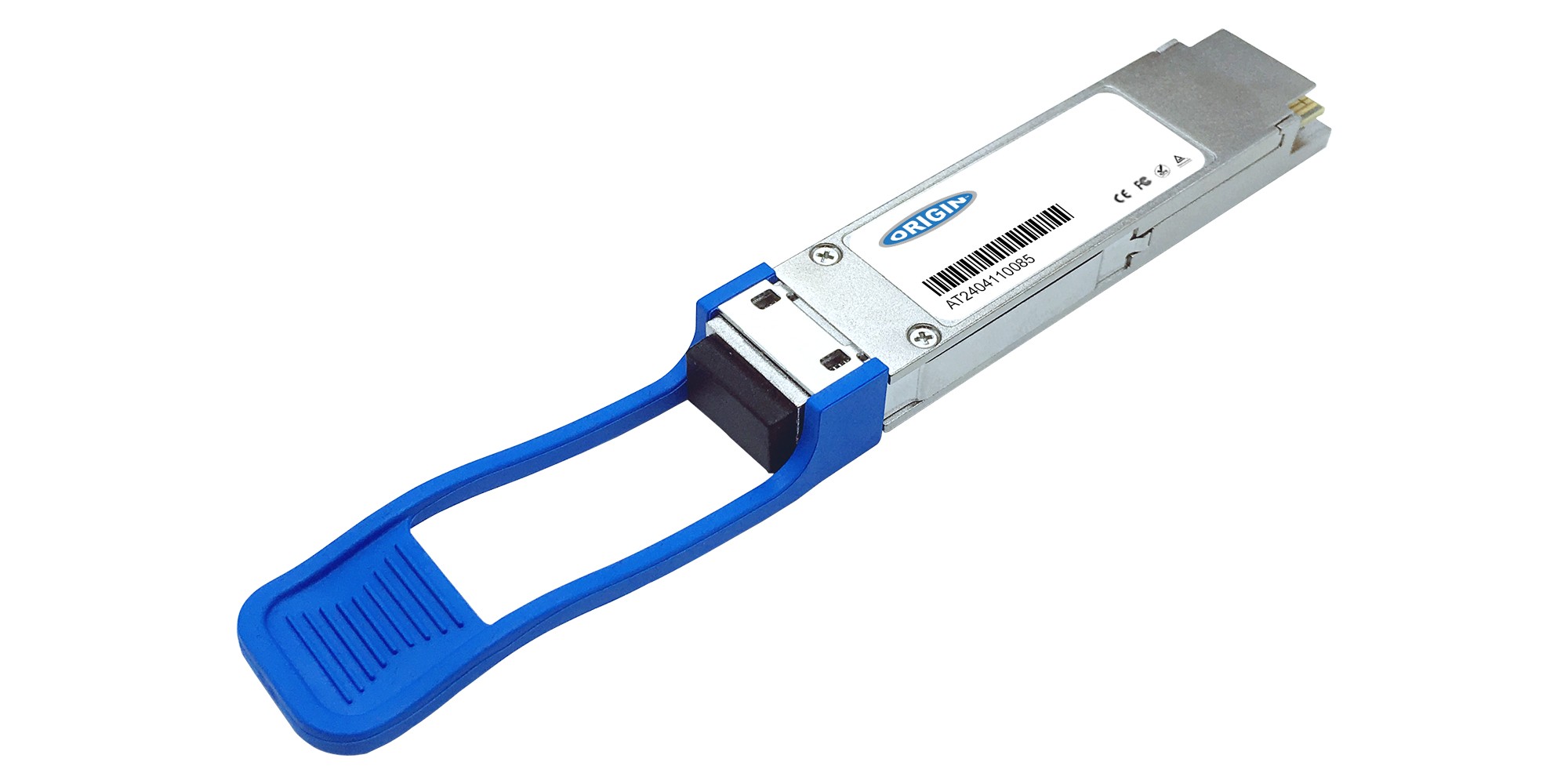 Silver metal transceiver with a blue plastic handle, labeled "ORIGIN" and "100GQSFP-LR4," designed for Cisco compatibility, featuring a sleek, compact design.