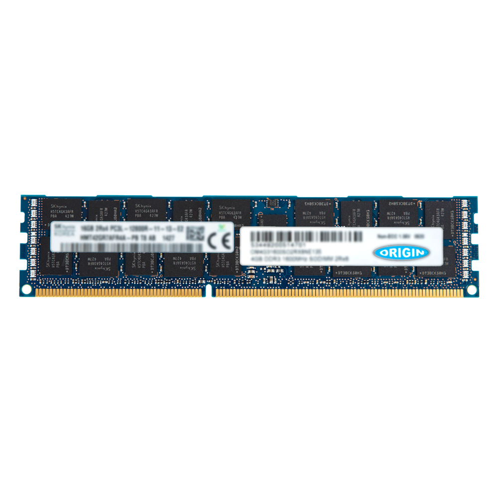 16GB DDR3 RAM module in blue PCB with black memory chips, featuring 1600MHz speed, 2Rx4 configuration, ECC support, and 1.35V power requirement.