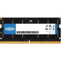 Black Origin Storage 16GB DDR5 SODIMM RAM with blue label, gold connectors, and white barcode.