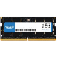 Black Origin Storage 16GB DDR5 SODIMM with blue label, gold connectors, and barcode.