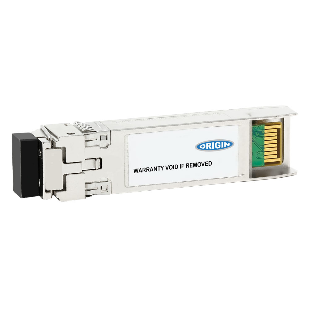 Dell compatible SFP+ transceiver in metallic silver with a black connector, featuring an Origin Storage label and a green circuit board visible through the casing.