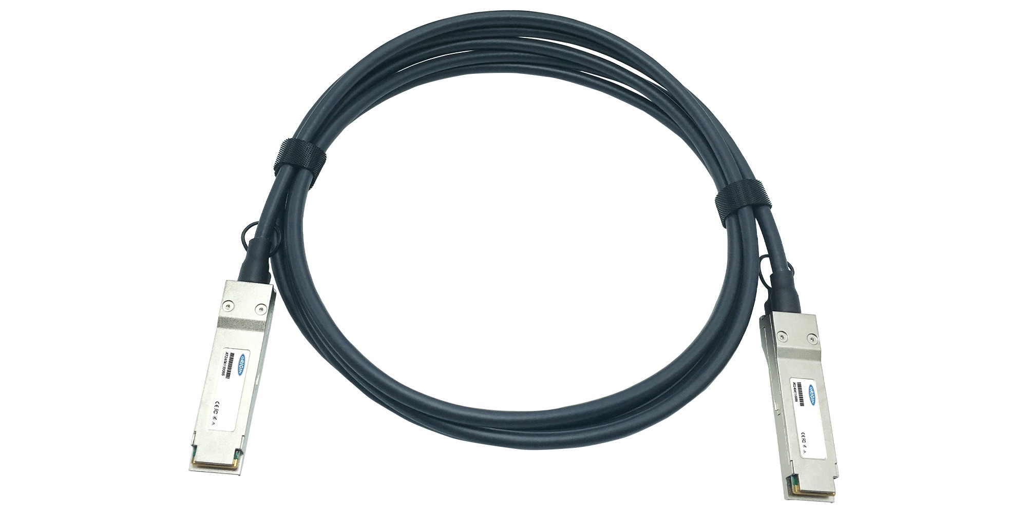 Black 40G QSFP cable with silver metal connectors on both ends, designed for Ruckus Brocade compatibility, featuring a flexible, durable design for high-speed data transmission.