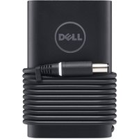 Black Dell power adapter with coiled cable, compact rectangular design, and Dell logo on the front.
