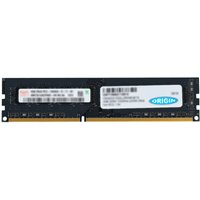 Black Origin Storage 8GB DDR3 UDIMM with white labels, gold connectors, 2Rx8 Non-ECC, 1600MHz, 1.35V.