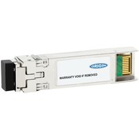 Silver Origin Storage transceiver SFP28 with black connector and visible gold contacts, labeled "WARRANTY VOID IF REMOVED".