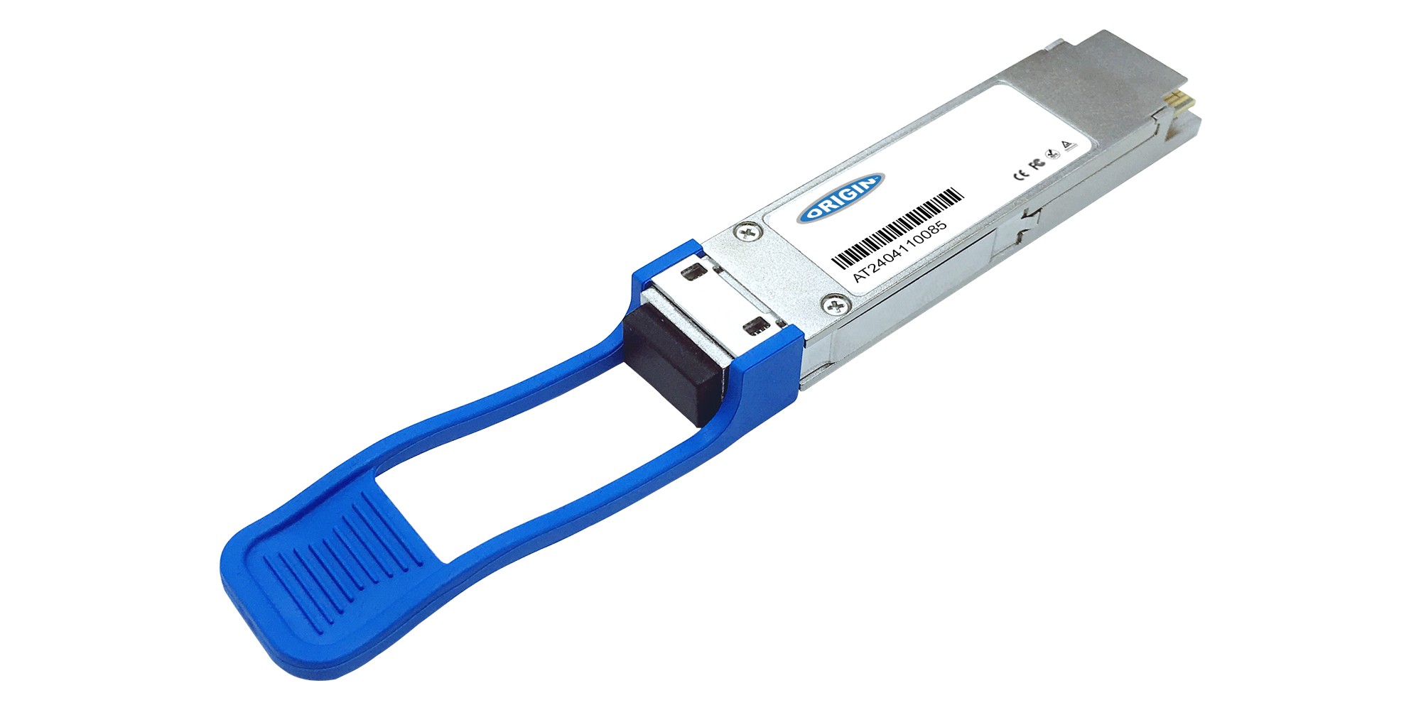 Origin Storage AXLM762 transceiver in silver metal with a blue plastic handle, designed for Netgear, featuring QSFP+ 40GBase-LR compatibility.