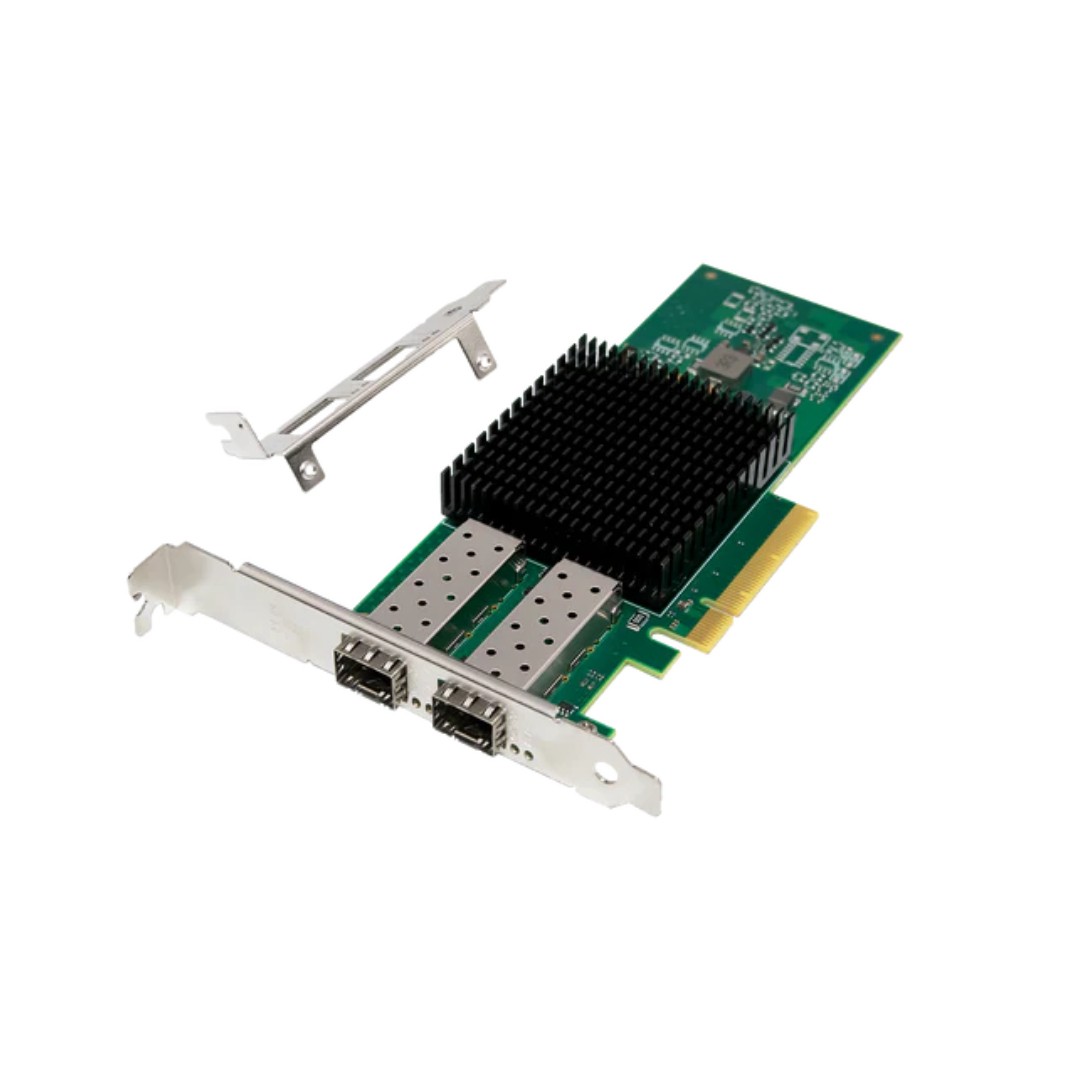 Green circuit board with a large black heatsink, two SFP+ ports, and a yellow PCIe connector, accompanied by a metal bracket for installation.