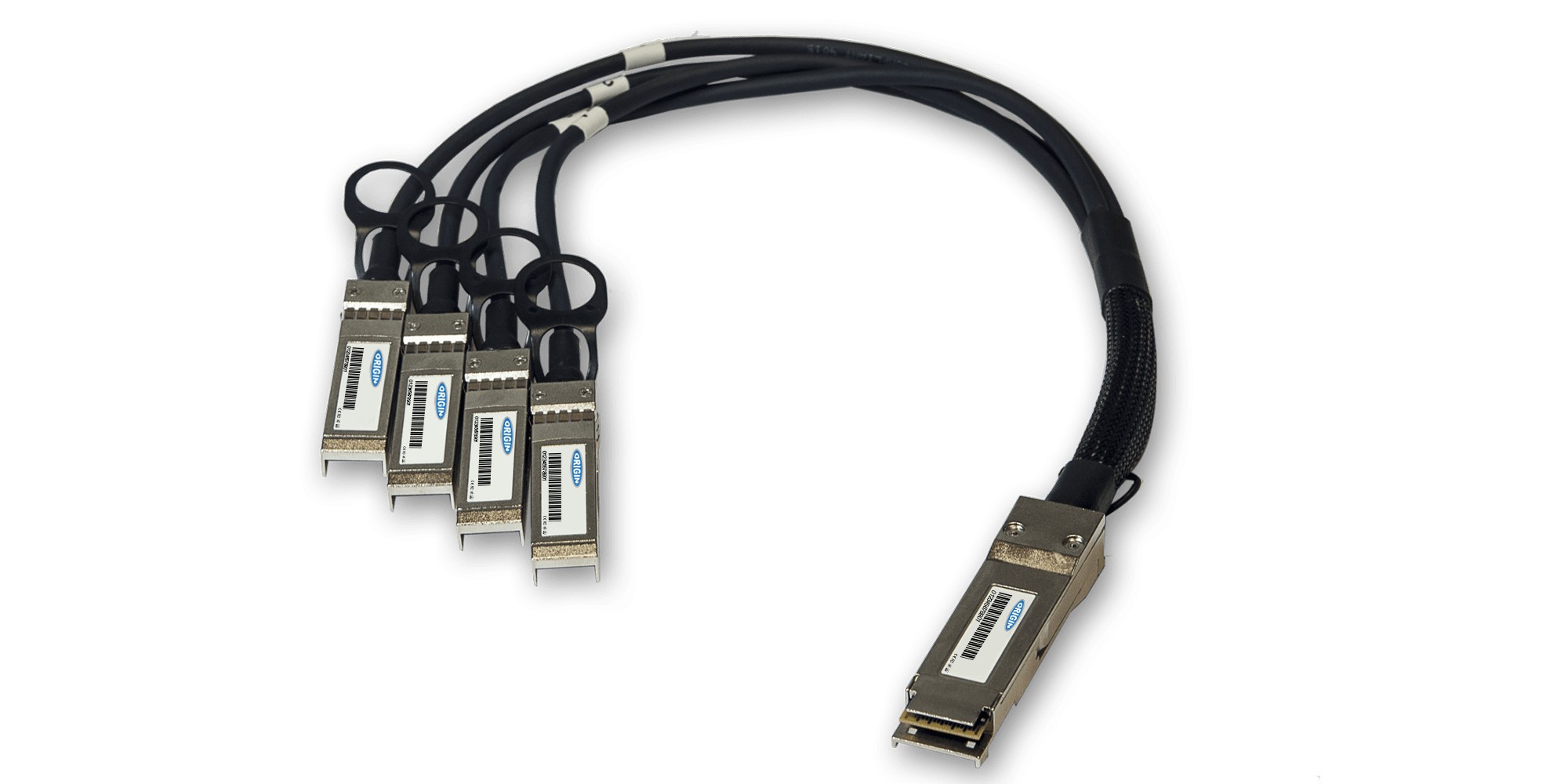 Direct Attach Copper cable with a black flexible body, featuring four connectors on one end and a single connector on the other, designed for Dell compatibility.