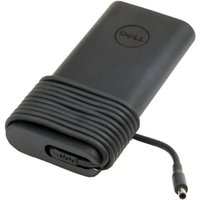 Black Dell 130W AC adapter with UK power cord, compact design, rounded edges, and Dell logo on top.