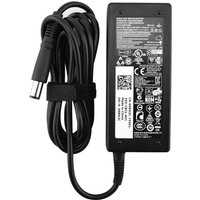 Black Dell 19.5V 65W AC adapter with attached EU cable, featuring a slim rectangular design and printed specifications.