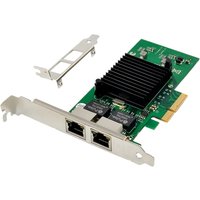 Green PCIe 2.0 x4 network card with dual Ethernet ports and black heatsink, includes metal bracket.