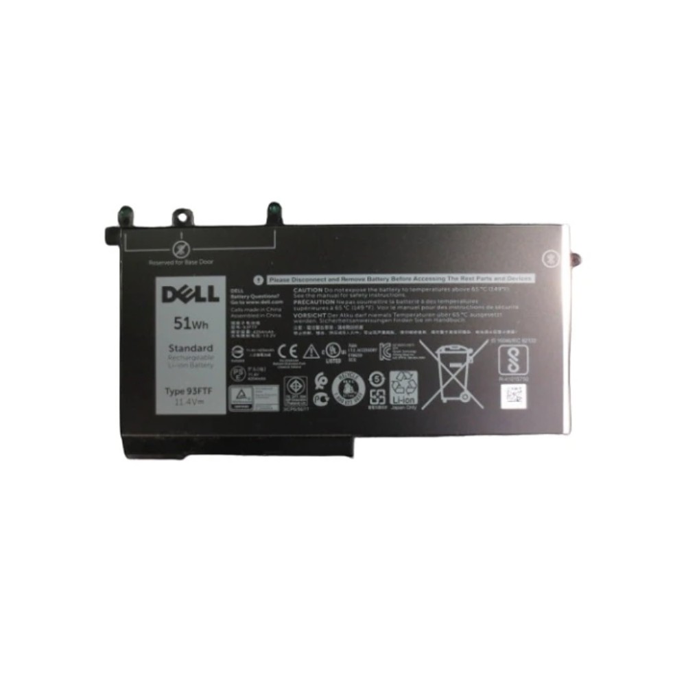 Black rectangular battery with a silver label, featuring the Dell logo, specifications, and safety information, designed for Dell laptops, with three cells and a capacity of 51Wh.