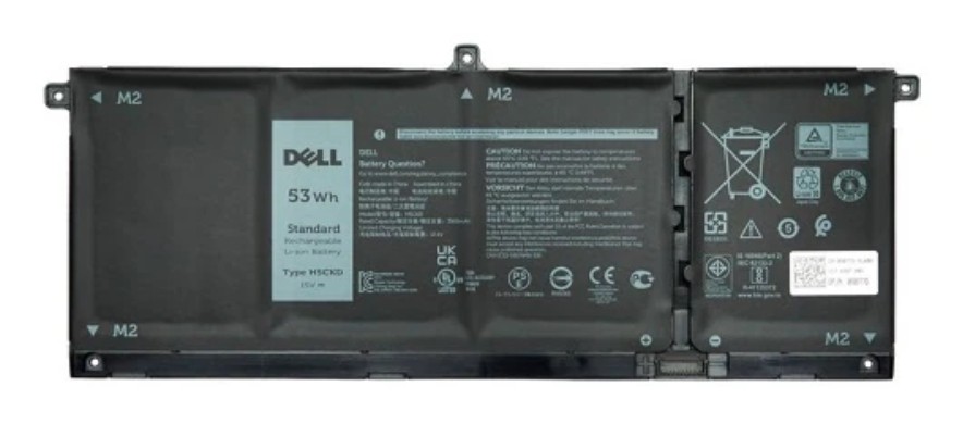 Dell 53Whr 4-cell battery for Latitude 3510, featuring a black casing with printed specifications, connectors, and safety symbols on the surface.