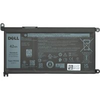 Black Dell laptop battery, 42WHR capacity, rectangular shape, labeled with specifications and safety icons.