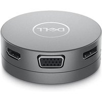 Silver circular Dell USB-C hub with multiple ports including HDMI, VGA, and USB, featuring Dell logo on top.