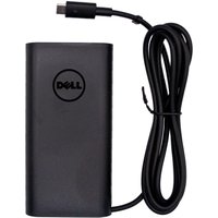 Black Dell E5 power adapter with attached cable and USB-C connector, featuring Dell logo on rectangular body.