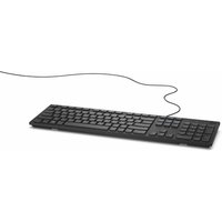 Black Dell USB keyboard with QWERTY UK layout, slim design, and numeric keypad.