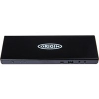 Black Origin Storage docking station with USB-C/A ports, triple 4K support, and EU cable.