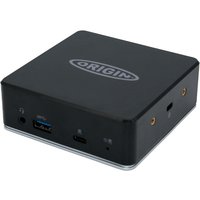 Black Origin Storage docking station with USB-C/A ports and 85w power delivery, compact square design.