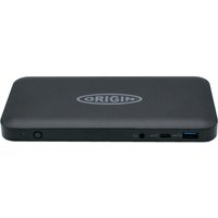 Black Origin Storage USB-C docking station with rounded edges, logo on top, and multiple ports on the front side.