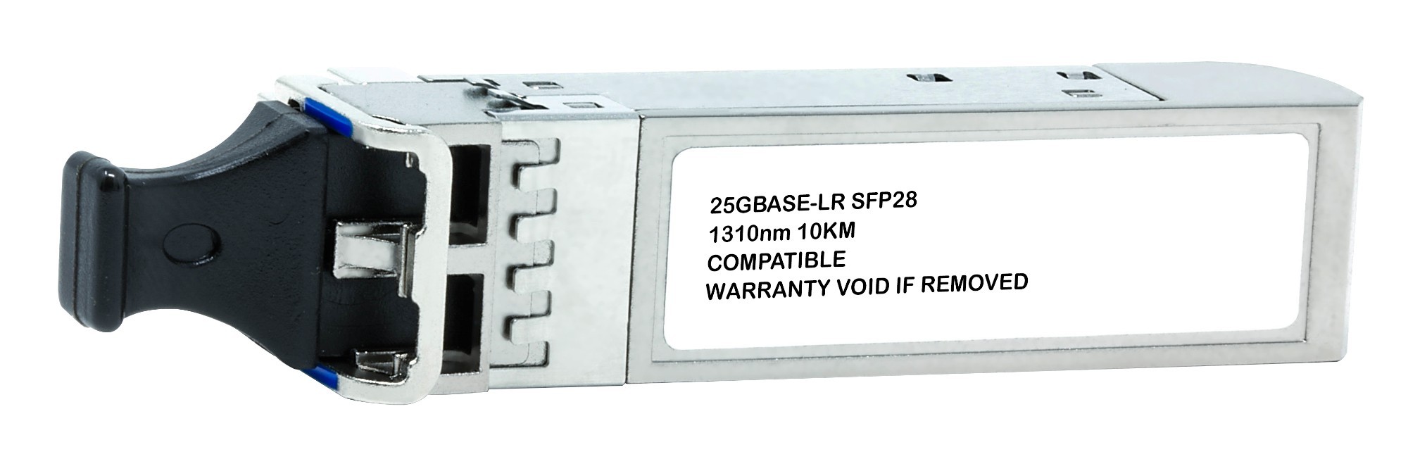 Fortinet compatible SFP transceiver in silver metal casing with a black latch, featuring a label that includes "1000Base" and warranty information.