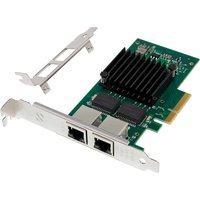 Green PCIe network card with dual Ethernet ports, black heatsink, and silver bracket by Origin Storage.