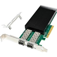 Dual port PCIe 4.0 x8 NIC with black heatsink and green circuit board, includes metal bracket.